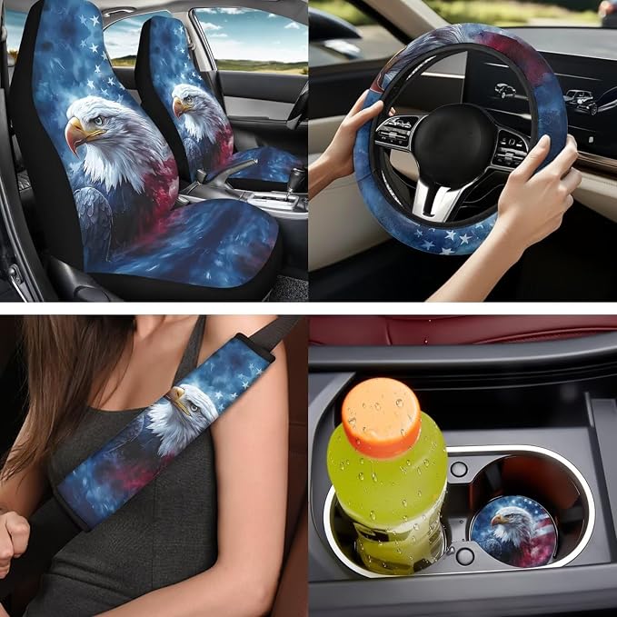 Bulopur Eagle American Flag Car Seat Covers Full Set 14 Pack with Vehicle Steering Wheel Cover Automotive Armrest Cushion Pad Seat Headrest Covers Auto Seat Belt Pads Interior Accessories Set