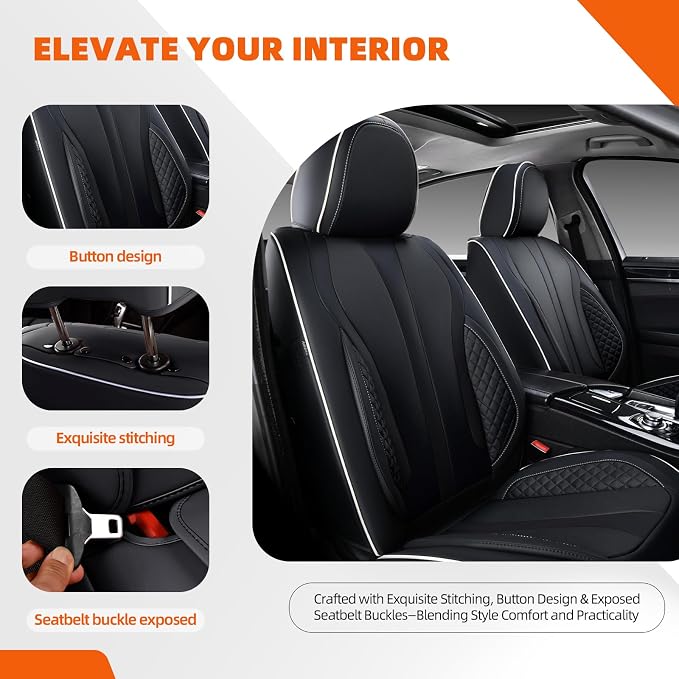 5-Seater Car Seat Covers Full Set, Fit for Front and Rear Seats of Cars, Waterproof and Breathable Nappa Leather, Compatible with Airbags, Car Seat Protector Covers for Most Cars - Black White