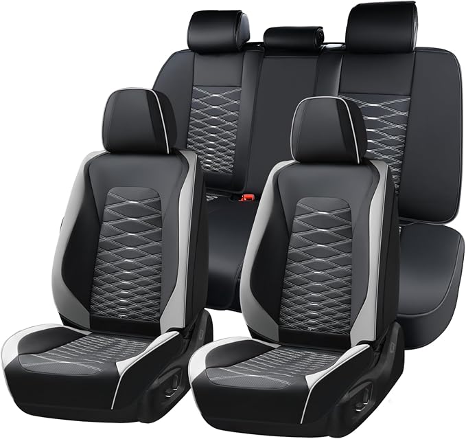 FLORICH Leather Seat Covers, Car Seat Covers Full Set, Car Seat Protector Waterproof, Front and Rear Seat Covers for Cars, Automotive Seat Covers Universal Fit for Most Cars SUV Truck - Gray&Black