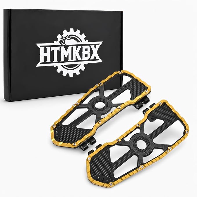 Black & Gold Driver Floorboards for Harley Touring 1999-2025, Trike 2009+, FL Softail 1986-2017, Front Rider Foot Boards, 7075 Aviation Grade Aluminum Alloy, 20mm Thick, Anti-Slip Wide Platform