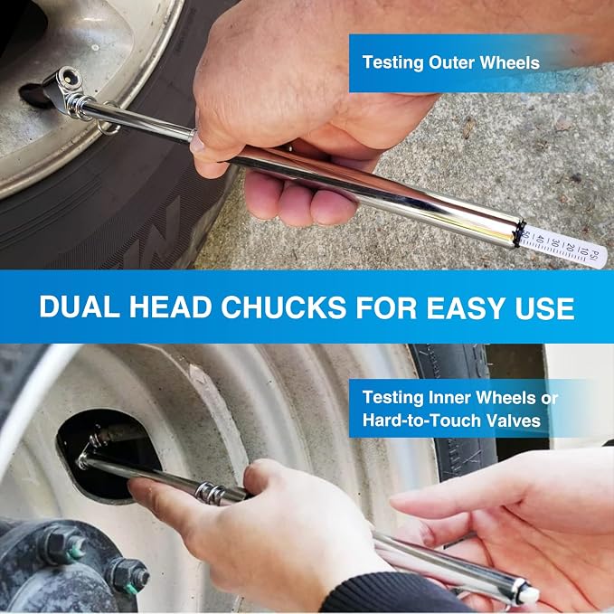 Nilight Dual Head Tire Pressure Gauge Heavy Duty Truck Air Chuck Range 10-150PSI 1-10Bar Tire Pressure Checker Straight-On Tire Air Gauge Extended Tube for Semi Truck, RV, Car, Motorcycle