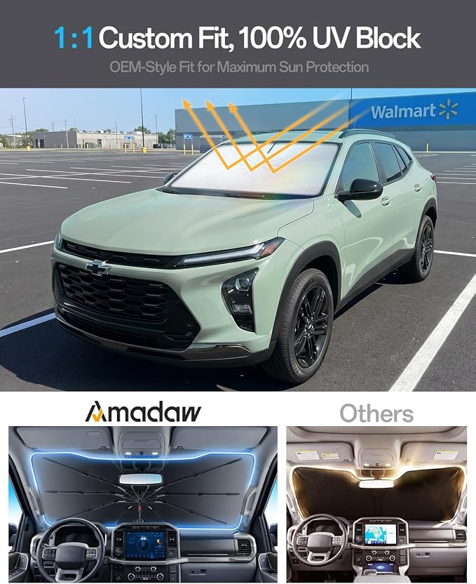 Windshield Sun Shade for Chevr Trax 2015–2026, Foldable Umbrella Sunshade with 100% UV Block, Multi-Layer Heat Insulation, Reinforced 10-Rib Frame, Keeps Car Cooler, Summer Car Accessory