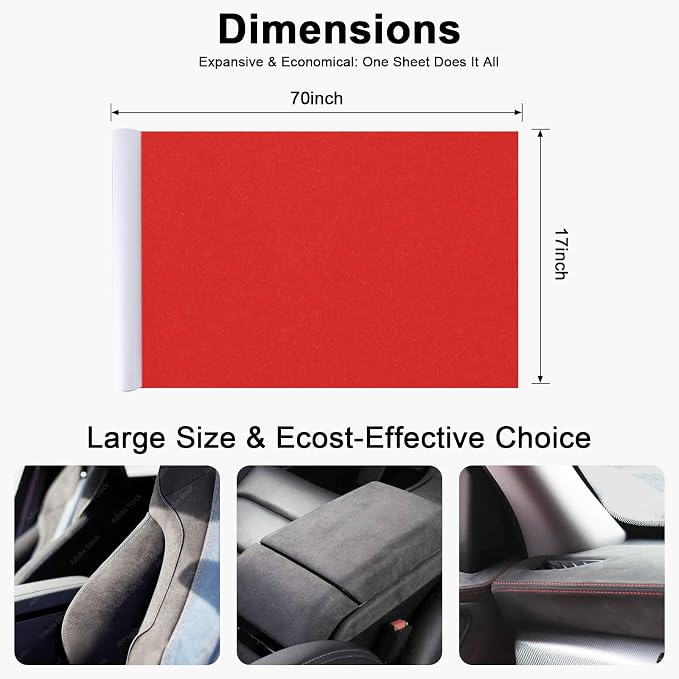 Premium Red Suede Fabric Wrap - 17x70 inch Suede Wrap for Car Interior - Self-Adhesive Microfiber and Synthetic Leather, Stretchable Interior Film for Car and Home Decor