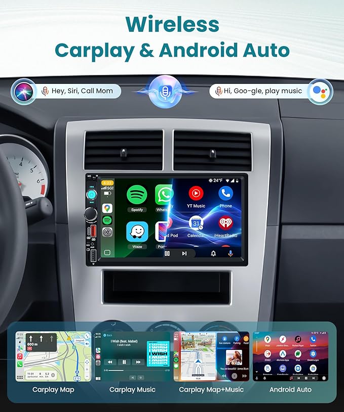 Double Din Car Stereo with Wireless CarPlay/Android Auto, 7 Inch IPS Touch Screen Radio, Bluetooth 5.2, FM Radio,Double Din Head Unit with Online Video EQ USB/Type-C/TF Card/Aux Ports Backup Camera