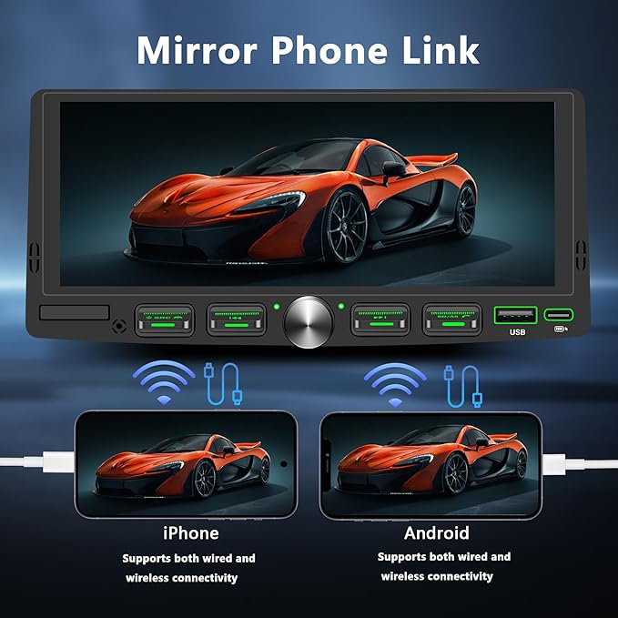 Single Din Touchscreen Radio with Wireless Apple CarPlay & Android Auto, 6.9" IPS Car Stereo with Bluetooth, Mirror Link, FM/AM,EQ, USB/Type-C, SWC, HD Backup Camera, Microphone for Car Audio Upgrade
