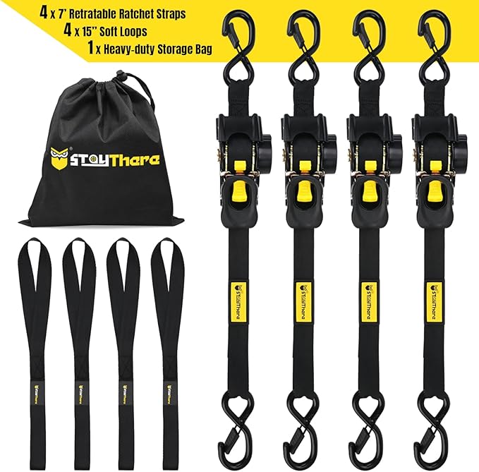 Stay There Retractable Ratchet Straps (4-Pack) - 1 Inch x 7 Feet (1100lb Break Strength) - Heavy Duty Auto Self Retracting Tie Down Straps for Truck, Cargo Trailer, Motorcycle & More - Black