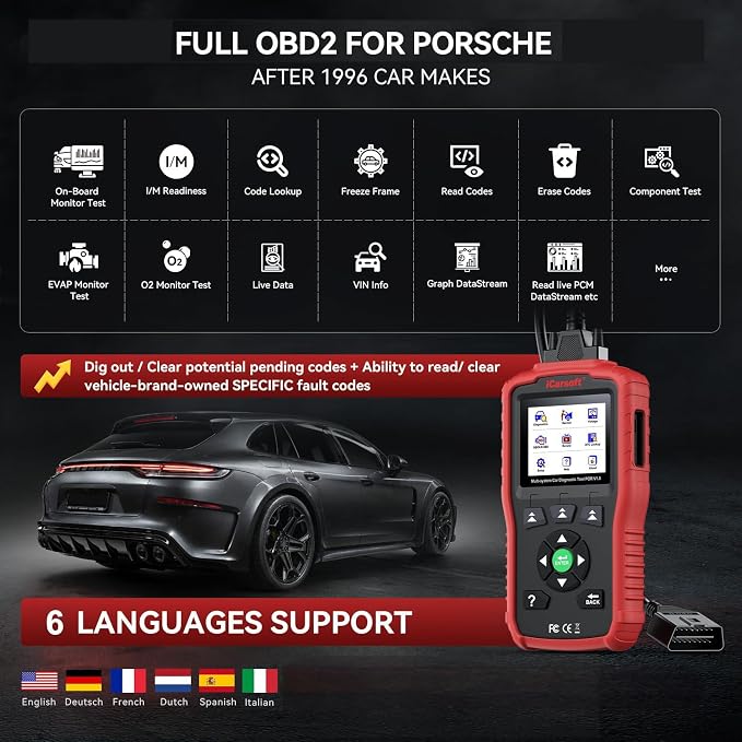 iCarsoft POR V1.0 for All System Diagnostic Tool Porsche 1996-2025 Oil/SAS Reset Battery Test 10 OBD2/EOBD Modes CAN FD Car Scan Code Reader/DTC/Live Data/Freeze Frame Lifetime Free Update Scanner