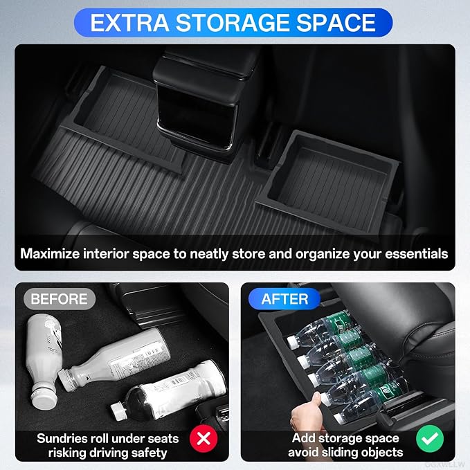 Under Seat Storage Box Organizer for Tesla Model X 2017-2024 | Hidden Underseat Organizer Bins for Tesla Model X TPE Waterproof Front and Back Under Seat Storage Tray Accessories, 2 Pack