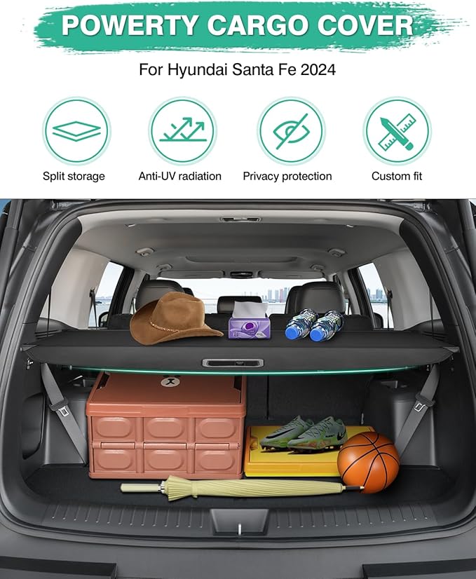 Powerty Cargo Cover for 2024 2025 2026 Hyundai Santa Fe Accessories Trunk Cover Retractable Trunk Shielding Shade Cargo Luggage Cover Black