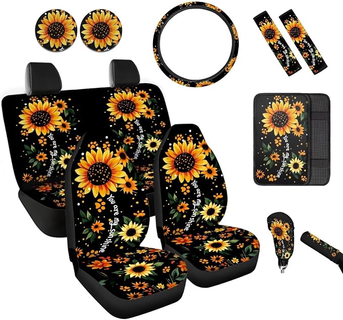 BIGCARJOB Sunshine Sunflower Car Seat Covers Full Set 12 Pcs Cute Dog Paw Print Car Accessories Interior Seat Protector for Womens Seat Belt Cover,Armrest Pads,Cup Holder Coaster