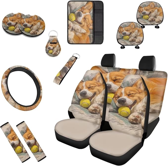 Corgi Dog Pattern 13 Pack Car Accessories for Womens Sleepy Pet Puppy Print Seatbelt Pad Armrest Cushion Keychain Cup Holder Coaster Pads Decor Accessory