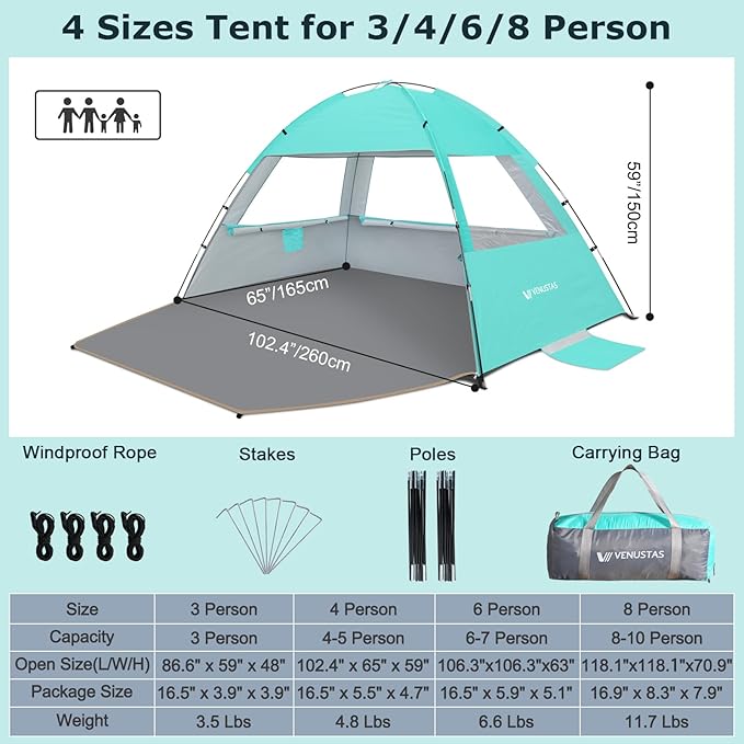 Venustas Beach Tent Sun Shelter for 3/4/6/8 Person, UPF 50+ UV Protection Beach Canopy, Lightweight and Easy Setup Cabana, Portable Shade Tent
