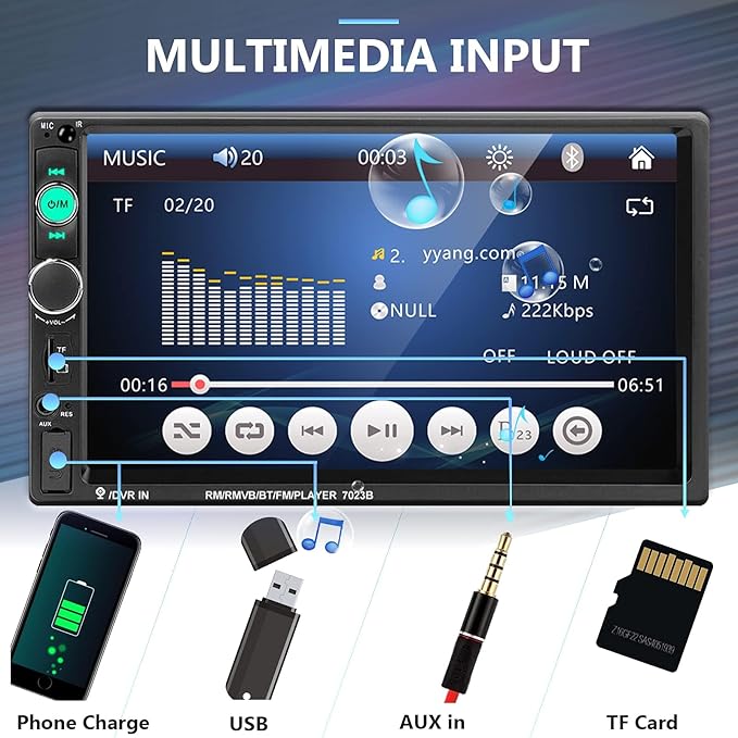 Podofo Car Stereo Double Din Car Radio 7 Inch MP5 Player with HD Touch Screen Digital Display Bluetooth Multimedia Support PhoneLink USB SD Aux-in 2 Din Autoradio with Backup Camera