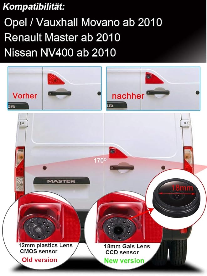 1280 * 720 Pixel Super HD Brake Light Backup Camera with 4.3 Inch LCD Monitor, Night Vision Reversing Camera Replacement for Renault Master ab 2010/Nissan NV400 ab 2010/Opel Vauxhall Movano ab 2010