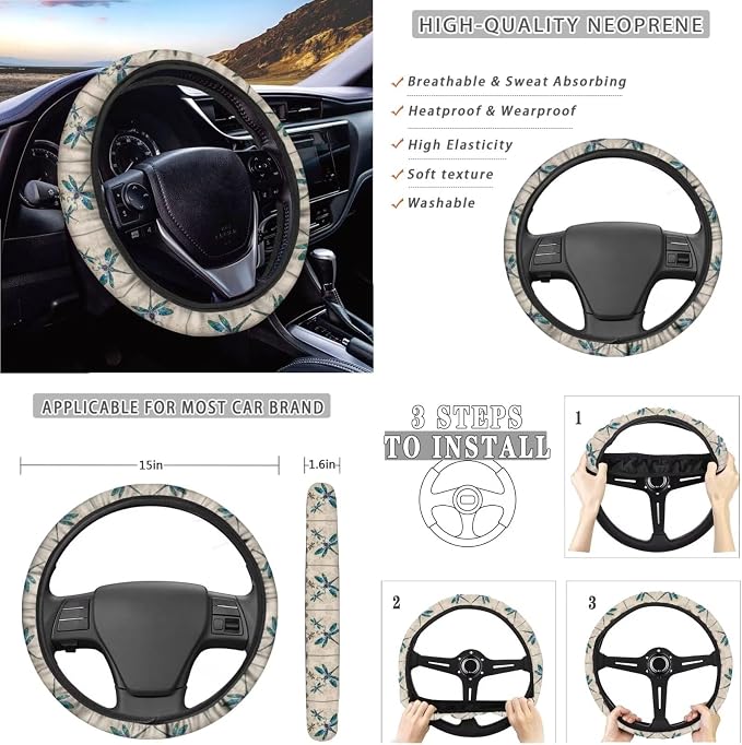 Xoenoiee Boho Mandala and Dragonfly Print Car Seat Covers and Accessories, Front Rear Seat Covers, Steering Wheel Cover, Seat Belt Pads, Coasters, Keychains for Car SUV Decor, 11 PCS Set