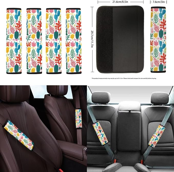 Cactus Car Seat Covers Full Set with Armrest & Steering Wheel Covers, Seat Belt & Handbrake Protectors, Cup Holder Coaster, Head Rest Covers, Keychain - 18 Pack