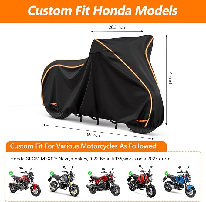 Waterproof Motorcycle Cover for Honda Grom MSX125/Navi/Monkey/2022 Benelli 135/2023 Grom, All Weather Outdoor Black Protective Cover with Reflective Strips,Vent Holes and Lock Holes