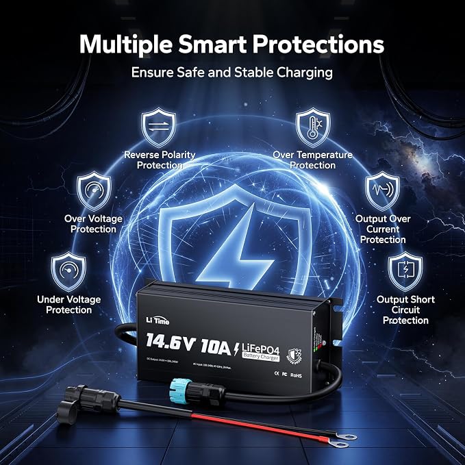 LiTime IP65 Waterproof 14.6V 10A LiFePO4 Onboard Charger, Fast Charging, 4 Safety Protections, Better Charging Performance, Extend Lithium Batteries Life, with LED Indicator, Outdoor & Marine Use