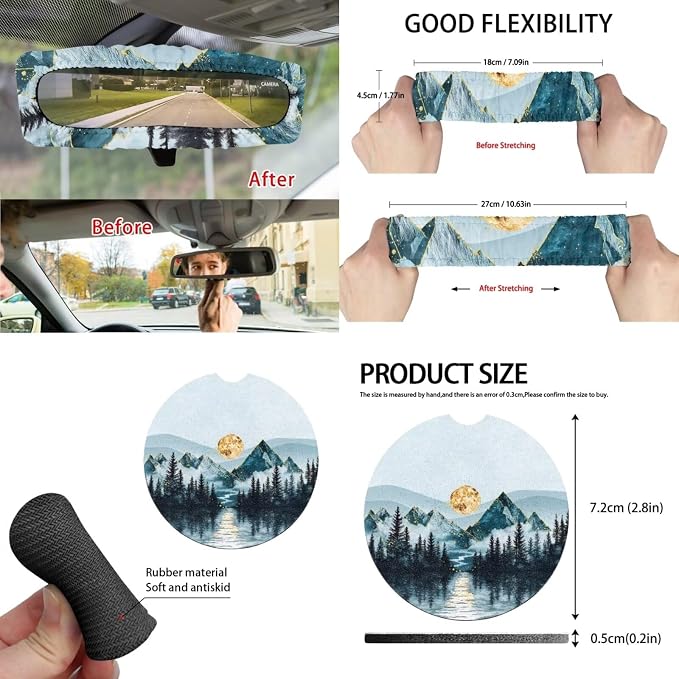 Ink Wash Mountain 15 PCS Car Seat Cover Set with Auto Steering Wheel Cover Seat Belt Strap Protector Cup Holder Trash Bag Rear View Mirror Protector Keychain