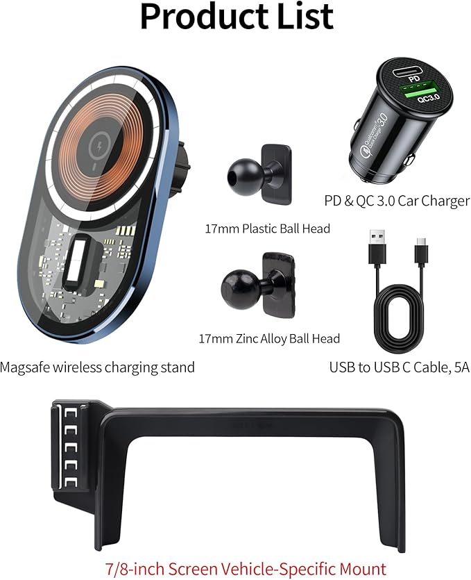 Wireless Charging Car Phone Holder for Mercedes Benz CLA-Class 2015-2019 / GLA-Class 2016-2020, 7/8" Screen Fixed Clip, 360° Rotation Car Phone Mount Compatible with MagSafe