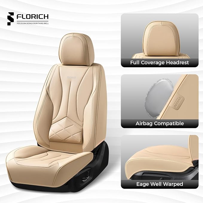 FLORICH Seat Cover, Leather Car Seat Covers Full Set, Waterproof Car Seat Protectors 5 Seats, Front and Rear Seat Covers for Cars, Automotive Seat Protector Fit for Most Sedans SUV Truck - Beige