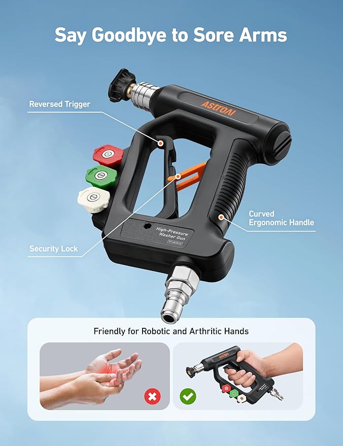 AstroAI Short Pressure Washer Gun with Swivel - High Pressure Washer with 4 Nozzles and 3/8” Swivel Quick Connector Plug - 4060PSI Max and Compatible with Hose, Foam Cannon Car Wash Foam Gun, Black