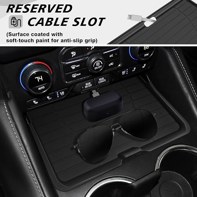 Muslogy Front Center Console Organizer & Cup Holder Inserts Compatible with 2021-2024 GMC Yukon Chevy Tahoe Suburban Accessories Front & Rear Silicone Drink Holder 2PCS & Middle Console Removable Lid