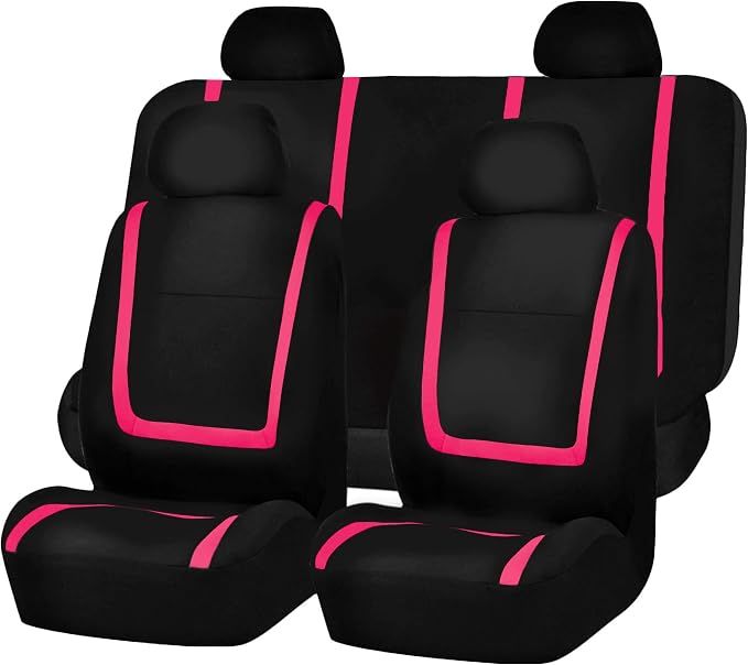 FH Group Automotive Seat Covers Unique Flat Cloth Pink Full Set, Combo Steering Wheel Cover and Seat Belt Pads Rear Solid Bench Universal Fit for Vans Cars Trucks and SUV Interior Accessories