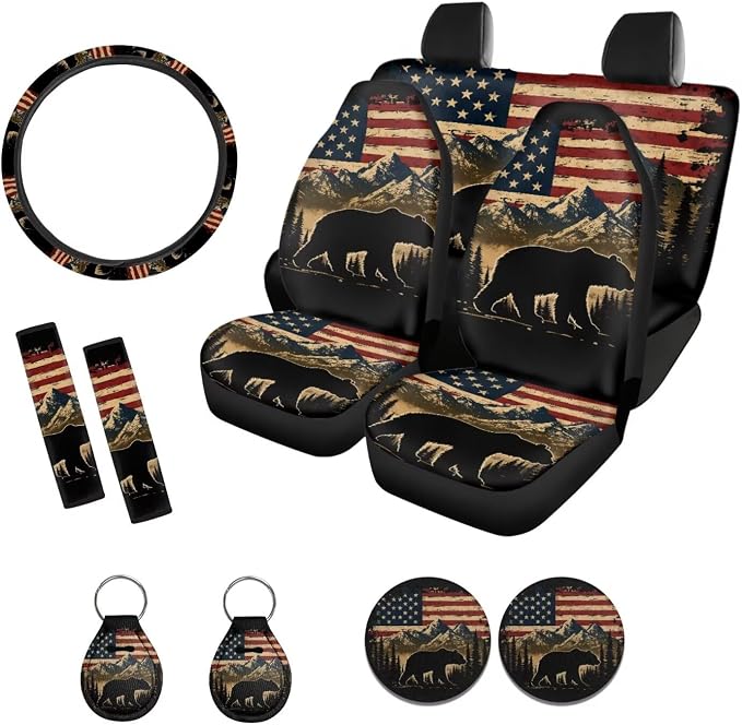 Xoenoiee Bear American Flag Pattern 11 Pieces Car Seat Covers Interior Accessories Set Universal Fit with Steering Wheel Cover, Seat Belt Pads, Keychain, Cup Coasters