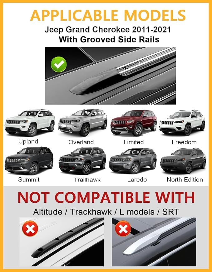 Tuyoung 300lbs Roof Rack Cross Bars Compatible with Jeep Grand Cherokee 2011-2021 with Grooved Side Rails, All-Aluminum Heavy Duty Metal Lock Roof Rails Crossbars Luggage Racks Kayak Bike Accessories