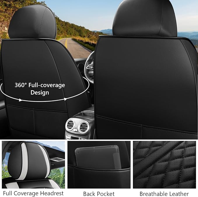 otoez Leather Car Seat Covers Full Set, Breathable Waterproof Nappa Leather Front Rear Car Seat Protectors with Lumbar Support, Universal Automotive Seat Covers for Cars SUV Truck Sedan (Black+White)