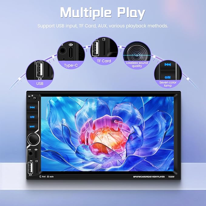 Rimoody Double Din Wireless Carplay Car Stereo Android Auto, 7 Inch Touch Screen 2 Din Car Radio with Mirror Link Bluetooth FM EQ SWC Dual USB Fast Charge Support Backup Camera