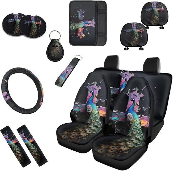 Peacock 13 Pcs Seat Covers Gothic Peacock Cross Full Set Non Slip and Soft Headrest Cover Car Aesthetics Colorful Cross Black Cup Pad Fit for Car,Truck,Van,SUV