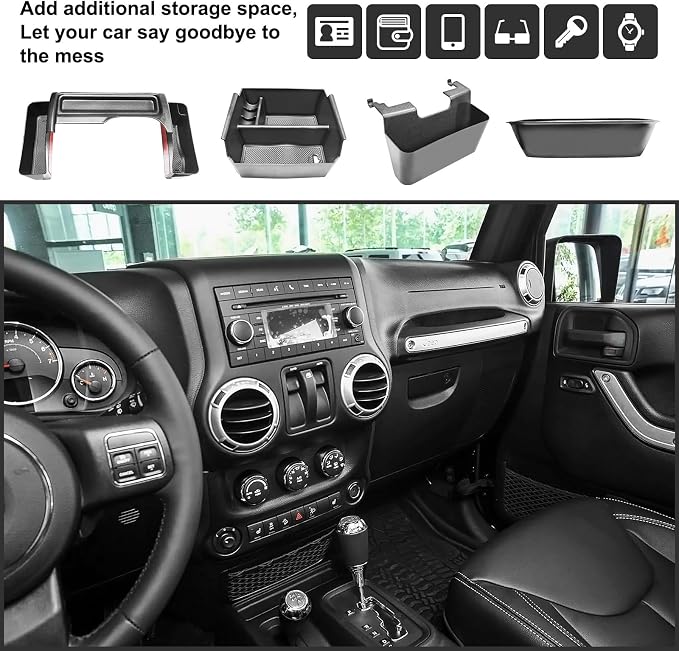 4PCS Center Console Organizers Accessories Compatible for Jeep Wrangler JK/JKU 2011-2018 2017 2016 2015 2014 2013 2012 2/4 Door Middle Armrest Tray Hanging Storage Box Grab Handle Container