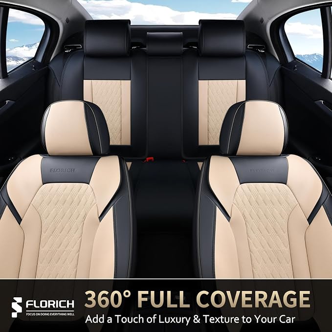 FLORICH Seat Covers, Car Seat Covers Full Set, Luxury Nappa Leather Seat Covers, Breathable and Waterproof Car Seat Protector 5 Seat, Automotive Seat Covers Universal Fit for Most Cars-Black&Beige