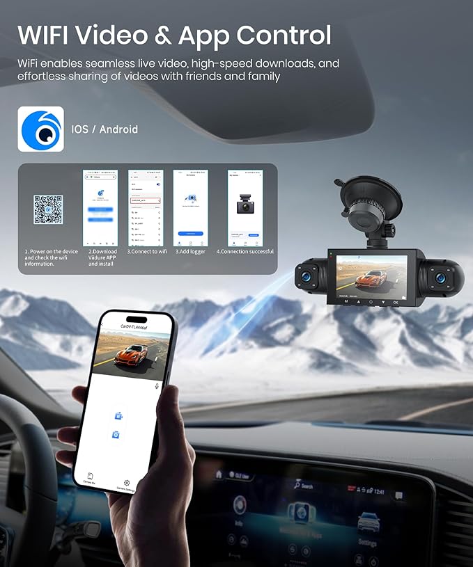 Rimoody 4-Channel 360° Dash Cam, 1080P Full HD Car DVR with Front/Rear/Inside/Side Cameras, WiFi App Control, Night Vision, G-Sensor, Loop Recording, 24H Parking Monitor, 3 Inch Display