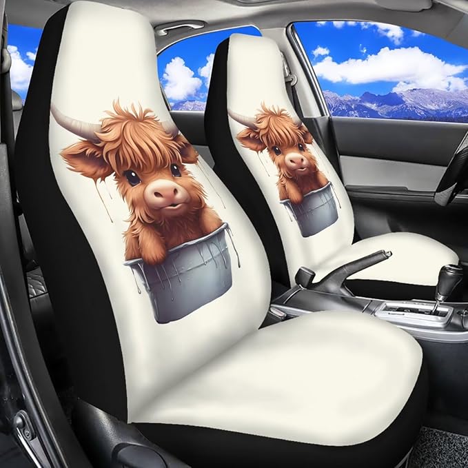 Cute Highland Cow 11 Pack Car Seat Covers Full Set Front Seat Cover Car Steering Wheel Cover Auto Seat Belt Cover Gear Lever Cover Cars Rear View Mirror Cover for Cars SUV