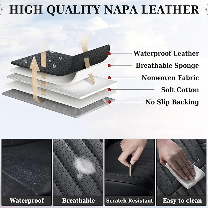 Coverado Car Seat Covers Full Set, Seat Covers for Cars, Black Car Seat Cover, Nappa Leather Car Seat Cushion, Car Seat Protector, Waterproof Car Seat Covers Front Seats and Back Fit for Most Cars