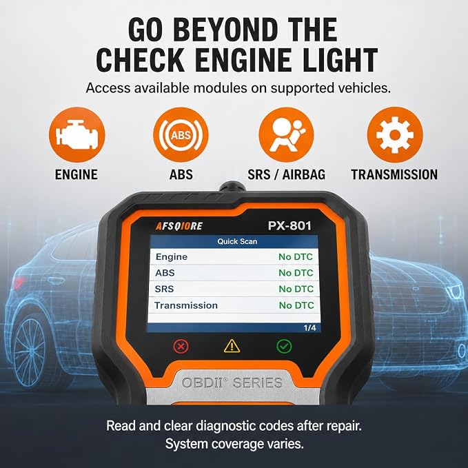 OBD2 Scanner Check Engine Light Car Code Reader Clear Error Codes ABS SRS SAS Etc Full Vehicle System Diagnostics Tool Compatible with Toyota Honda Ford