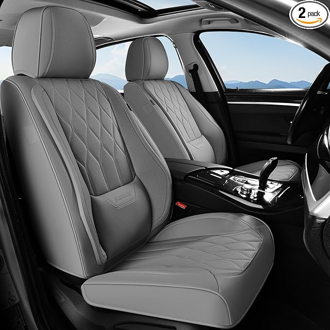 FLORICH Front Seat Covers Leather Seat Covers for Car Automotive Seat Covers Waterproof Car Seat Cushion with Lumbar Support Car Seats Protectors Universal Fit for Most Cars Sedans Trucks SUV, Gray