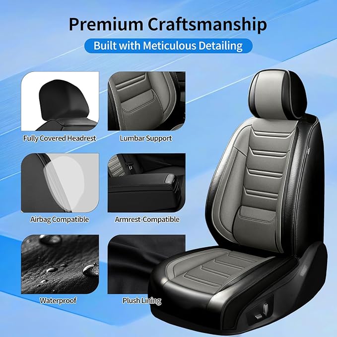 Fit Envision Car Seat Covers for Select Buick Envision 2016-2026 - Premium Full Coverage Leather, Airbag Compatible, Waterproof & All Weather Seat Cushion Protector, Front Pair Black+Gray