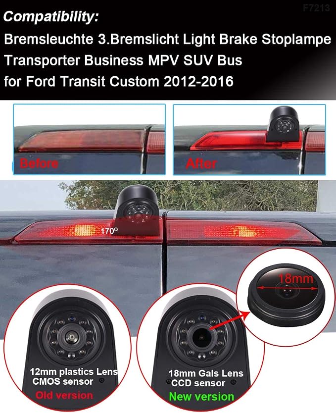 Super HD 1280x720 Pixels 1000 TV Lines 3rd Brake Light Reversing Camera Brake lamp Parking Camera for Ford Transit Custom 2012-2016 Third Van MPV Vehicle Camera Waterproof Night Vision