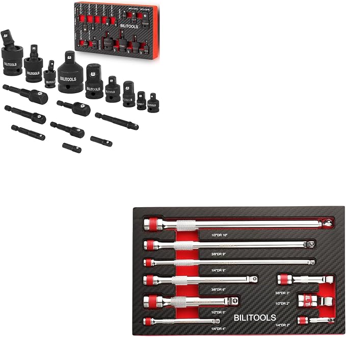 BILITOOLS Socket Adapter Set 17 Piece includes Reducer, Universal Joint Socket Set, Drill Adapter 1/4" 3/8" 1/2"&Wobble Extension Set, 9 PCS Extension Set 1/4 3/8 1/2, Ratchet Extension Set