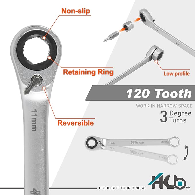 HB Pass Thru 120-Tooth Low Profile Ratchet Wrench Set 38 Piece Non Slip Sockets for Rounded or Standard Bolts with Star Bits Chrome Vanadium Steel Portable EVA Case Made in Taiwan AGM025-G