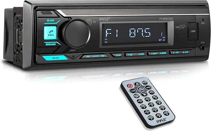 Pyle Marine Bluetooth Stereo Radio - 12v Single DIN Style Boat In dash Radio Receiver System with Built-in Mic, Digital LCD, RCA, MP3, USB, AM FM Radio - Remote Control - PLMRB29B (Black)