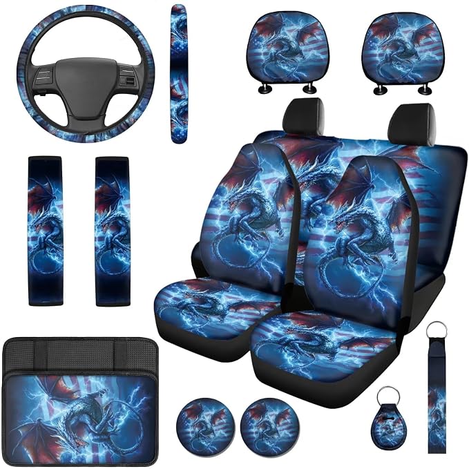 Bulopur Western Dragon Lightning Car Seat Covers Full Set with Matching Steering Wheel Cover American Flag Car Interior Decor Set for Truck Van Sedan Car Armrest Cover Seat Belt Covers Coasters