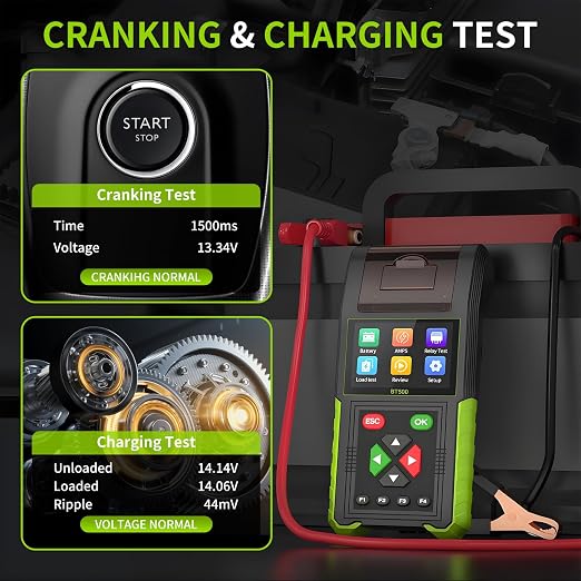 BT500 12V 24V Automotive Battery Tester with Printer - 20-2000 CCA Load Tester, Alternator/Relay/Leakage Tester for Car & Heavy Duty Truck