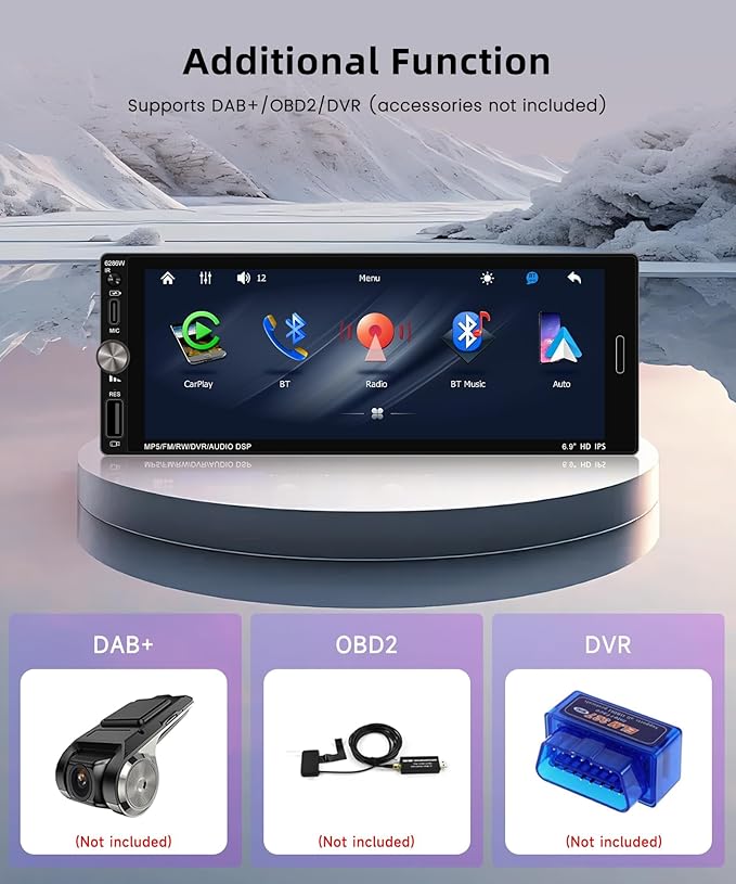 Car Stereo Single Din Wireless Carplay 6.9 inch Touch Screen Android Auto, Rimoody Car Radio with Bluetooth 5.2 Mirror Link FM/EQ USB/AUX/TF/SWC/MIC Car Audio Receiver with Backup Camera