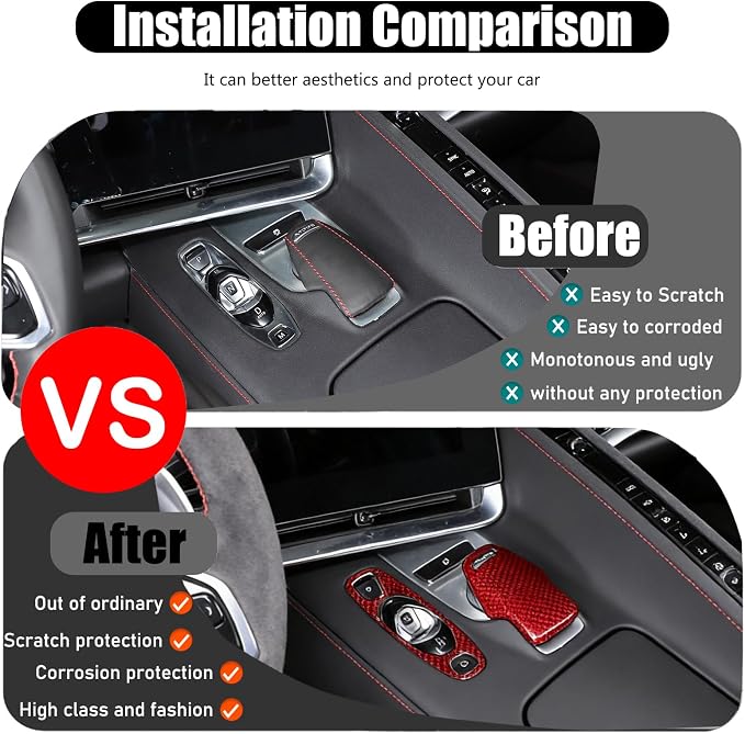 Set of 2 Genuine Carbon Fiber Gear Shift Panel Cover Trim for Corvette C8 2020-2025 Gear Shift Knob Head Protection&Console Gear Shift Button Panel P D Auto M Button Frame Accessories (Red)
