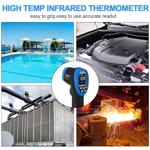 High Temp Thermometer Pyrometer -58℉- 2732℉,Dual Laser Industrial Pyrometer 30:1 Non Contact Digital Thermometer Gun with Large LCD Color Display Blacklight and Flashlight, Adjustable Emissivity